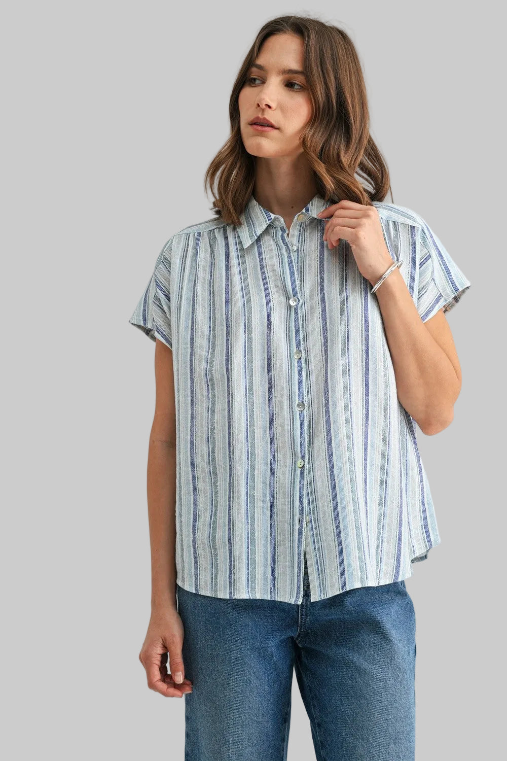 DOLMAN SHORT SLEEVE STRIPED BUTTON DOWN TOP - BLUE COMBO