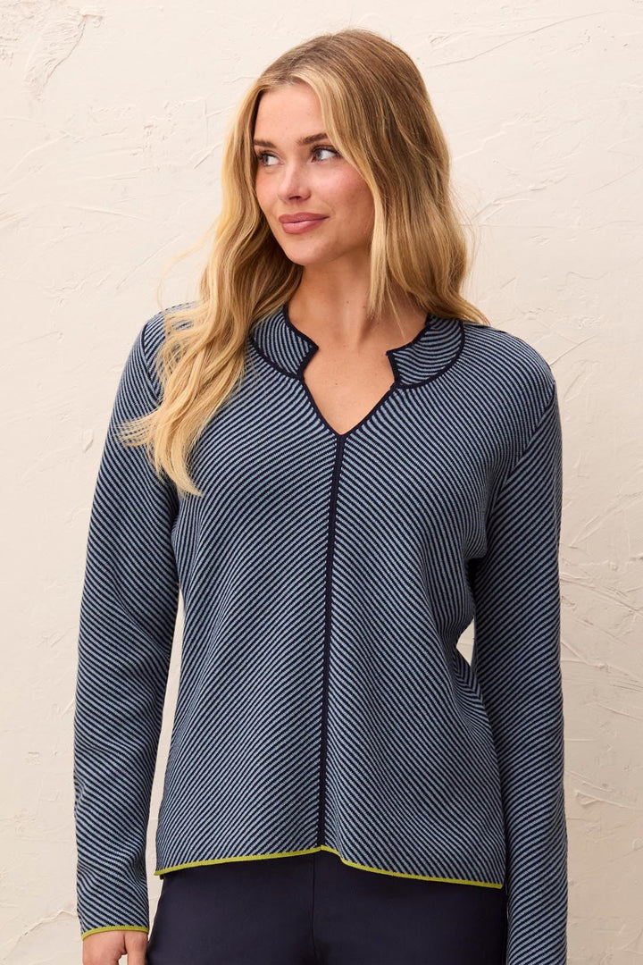 LONG SLEEVE SPLIT NECK SWEATER WITH TIPING - BLUE FOG