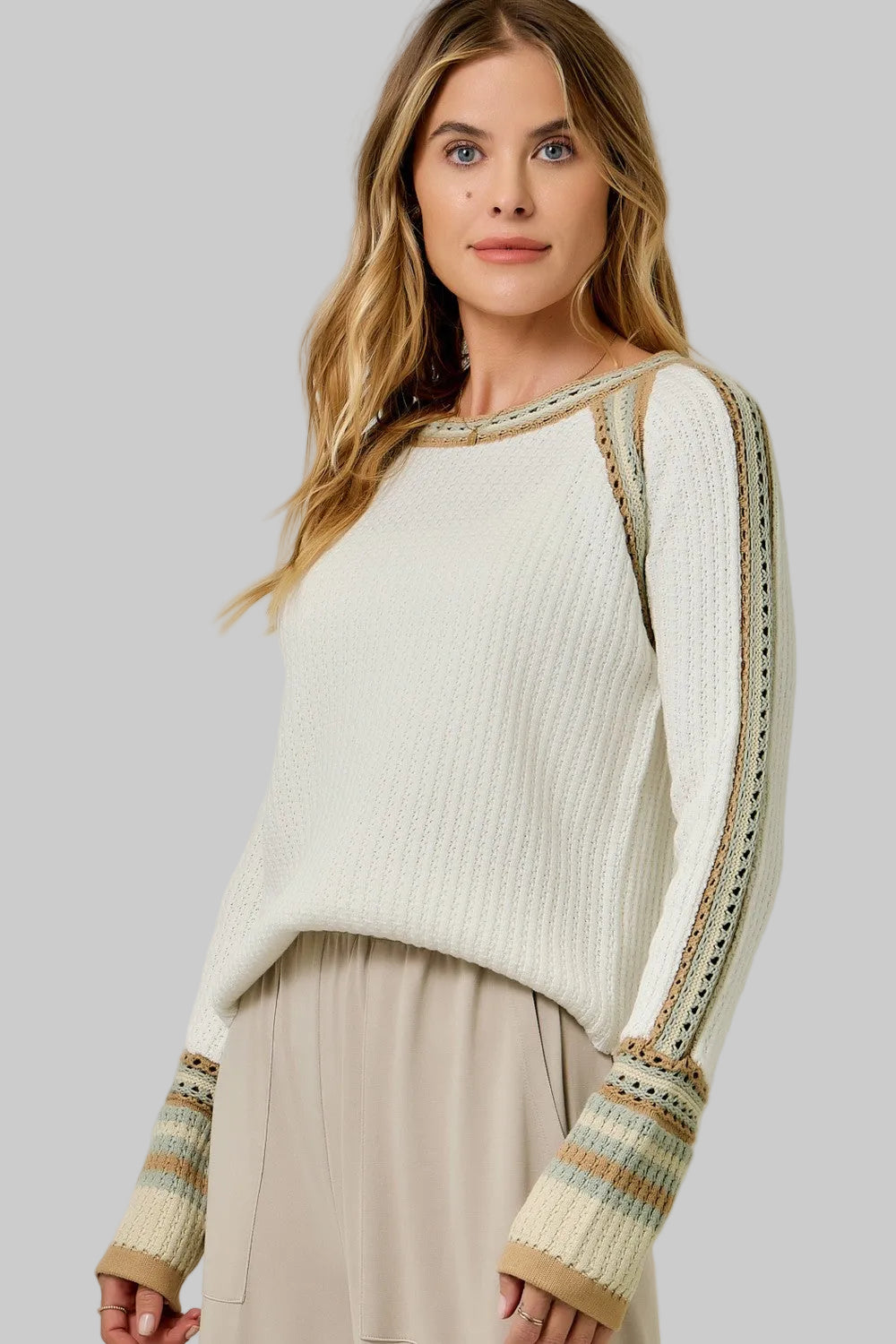 RAGLAN TRIM SLEEVE DETAIL SWEATER - IVORY