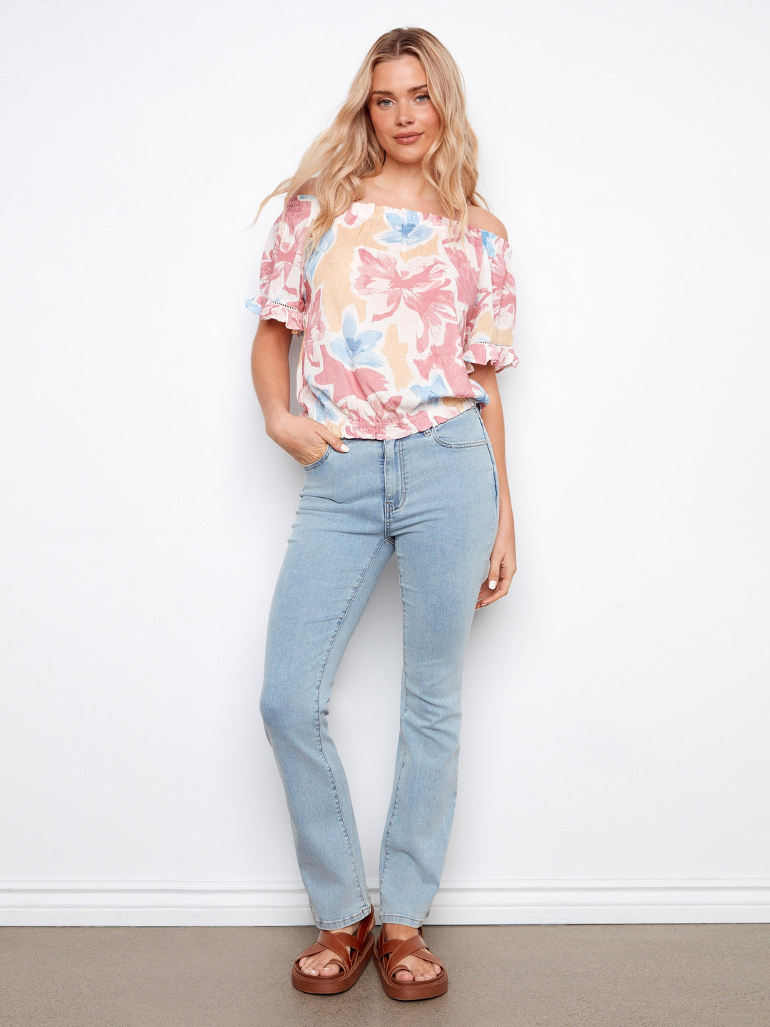 PRINTED SHORT SLEEVE OFF SHOULDER BLOUSE - FLOWERY
