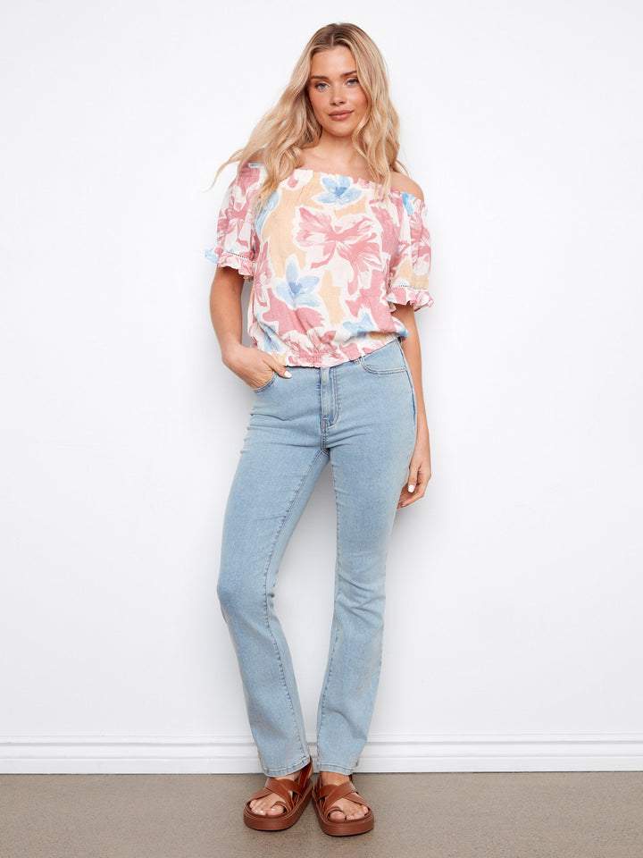 PRINTED SHORT SLEEVE OFF SHOULDER BLOUSE - FLOWERY