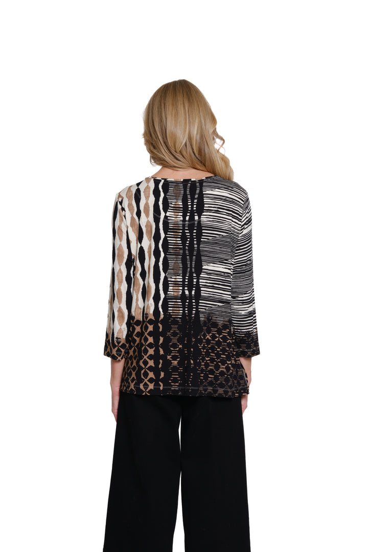 3/4 SLEEVE SCOOP NECK EMBELLISHED TOP - BLACK/BEIGE GEO LINES