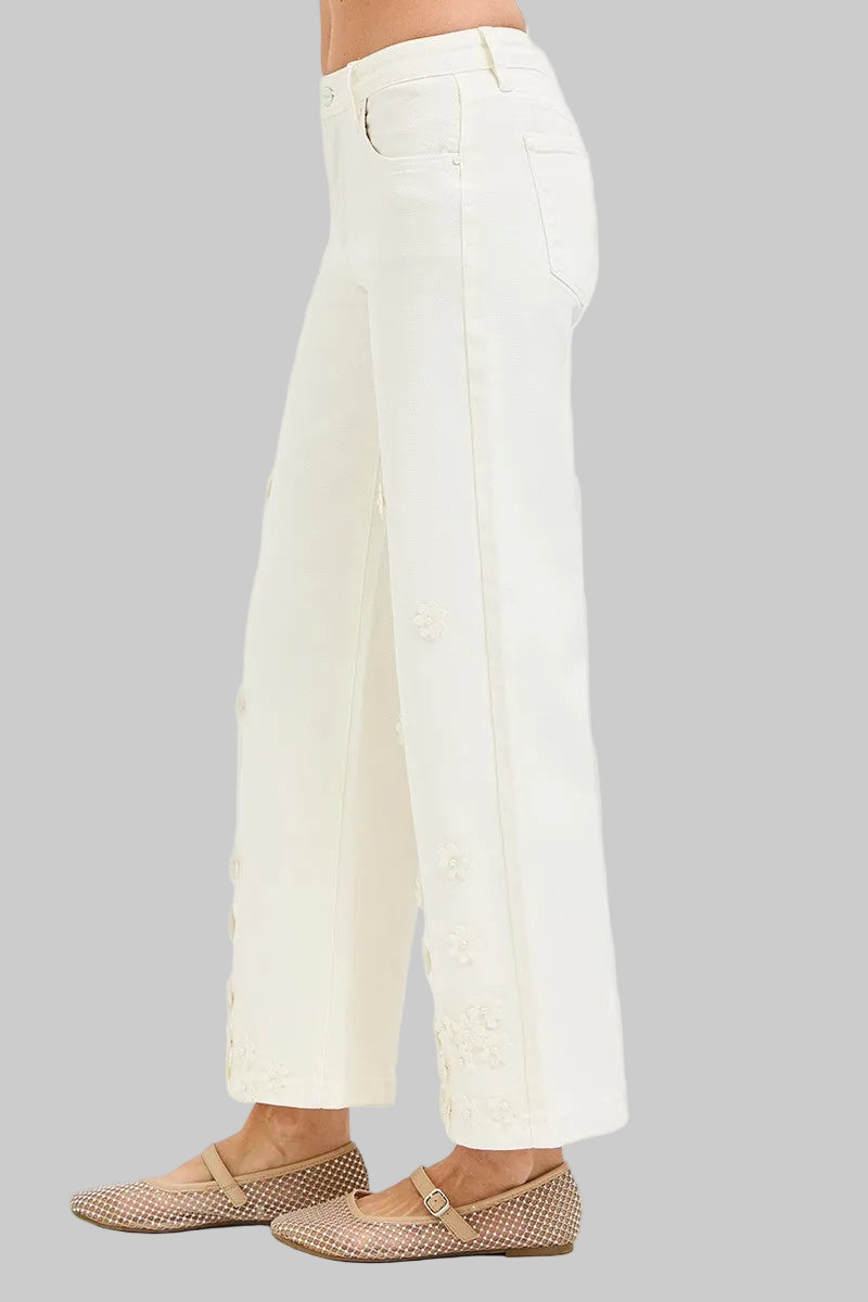 RISEN MR TUMMY CONTROL FLOWER CROP WIDE LEG - CREAM- 27" INSEAM