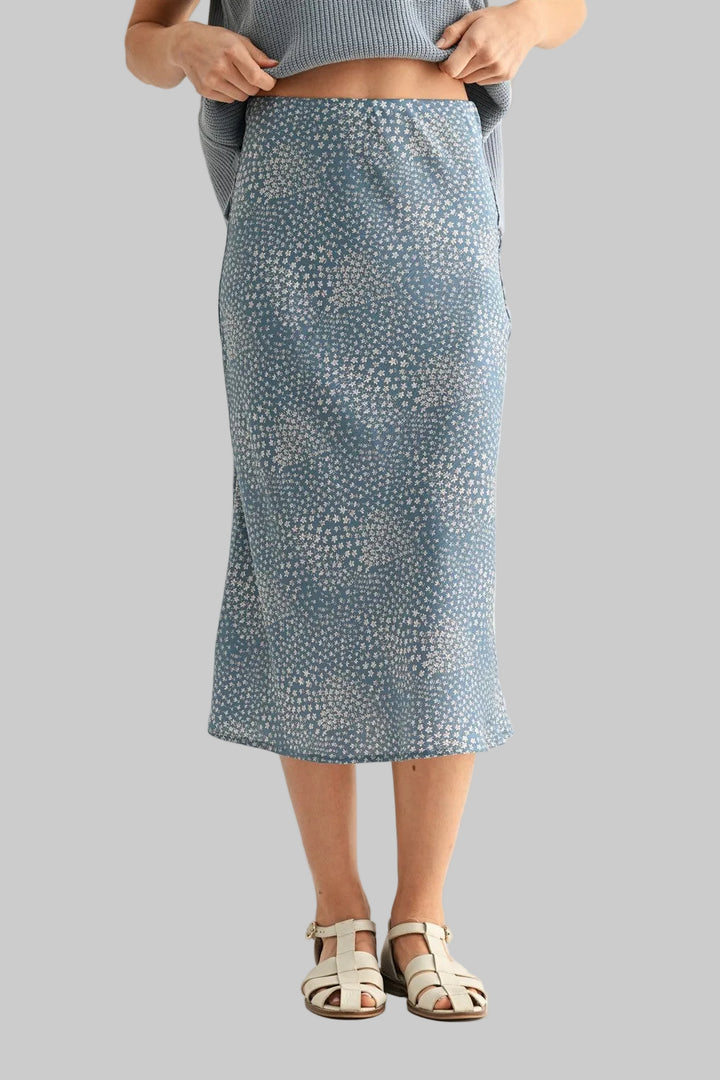 FLORAL SATIN MIDI SKIRT - BLUE