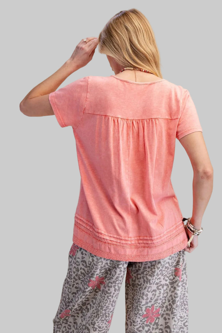 SHORT SLEEVE LACE TRIM COTTON TOP - CORAL