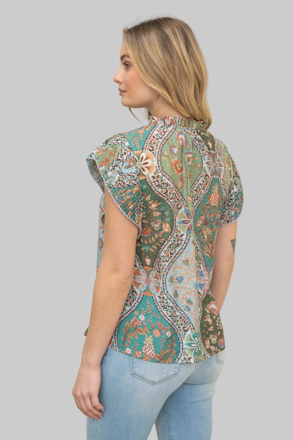 PLEATED SLEEVE BUTTON DOWN FLORAL PAISLEY TOP - GREEN