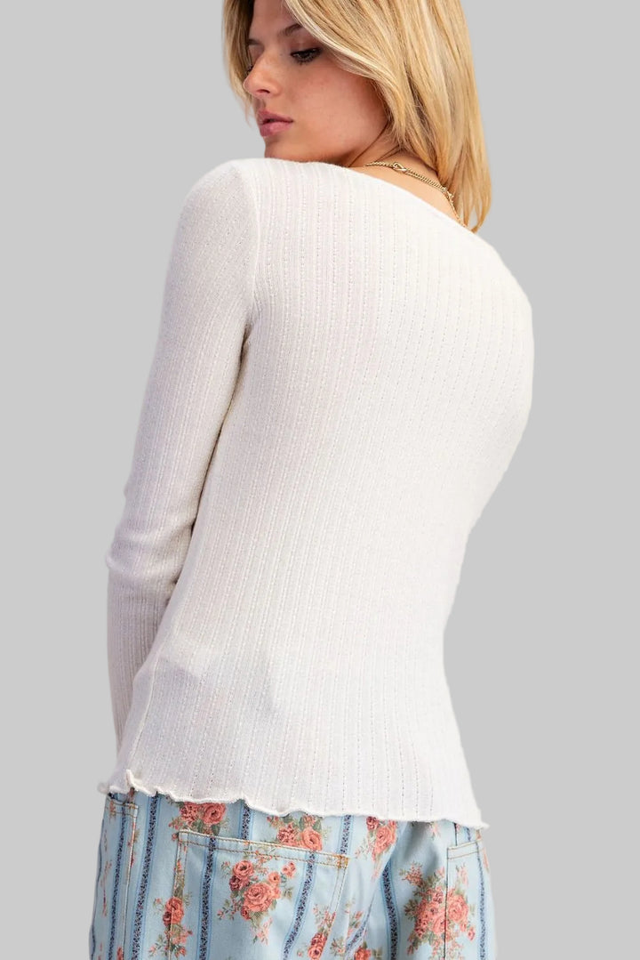 L/S LUREX RIB KNIT HENLEY TOP - IVORY