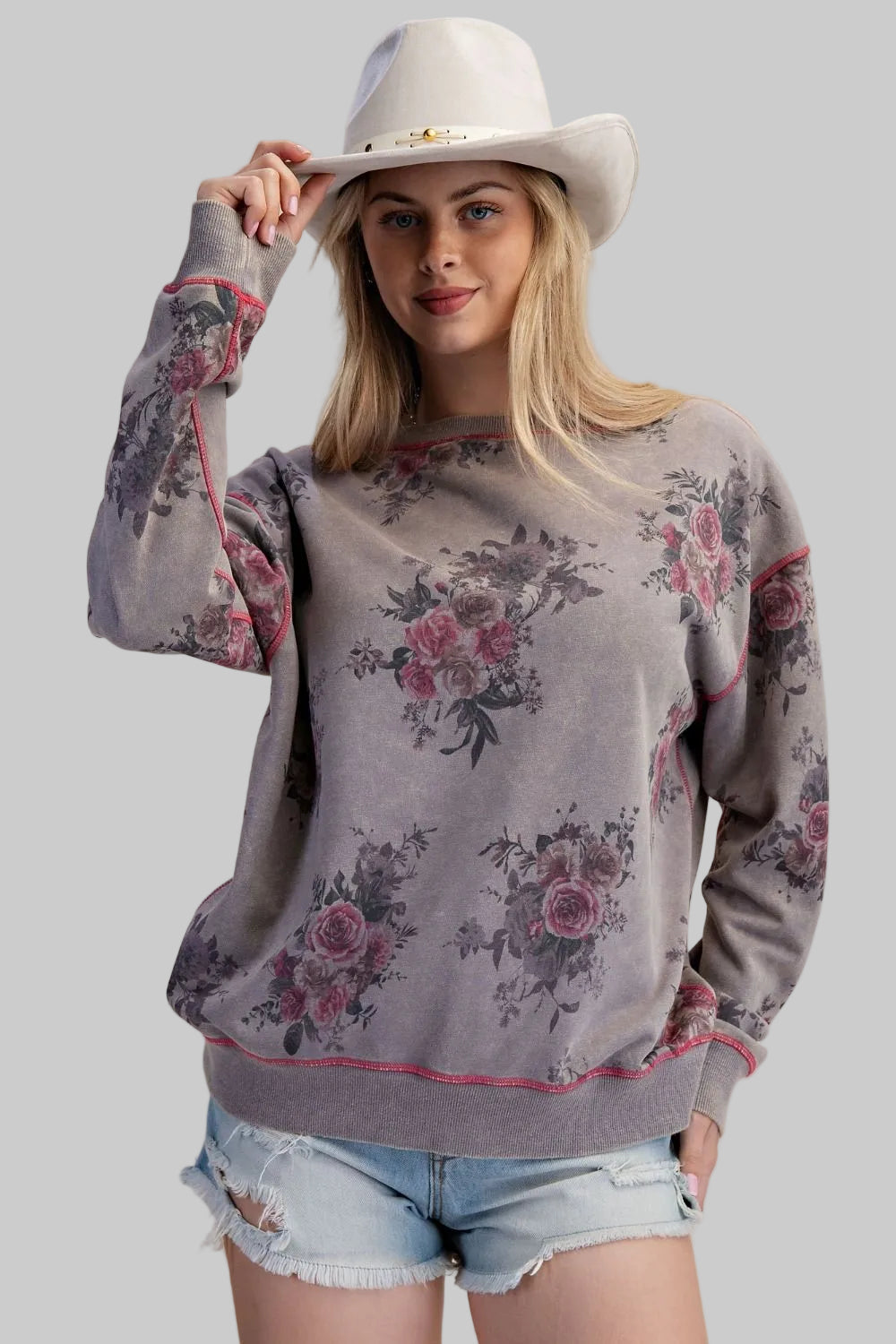 L/S FLORAL PRINT WASHED TERRY OVERSIZED PULLOVER - ASH