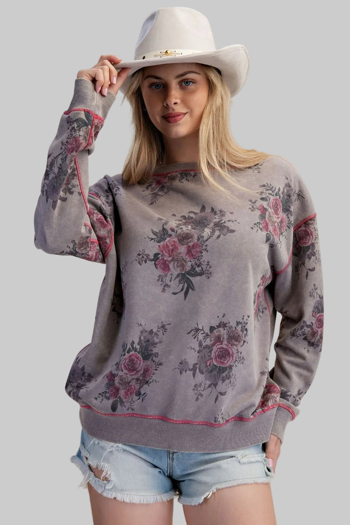L/S FLORAL PRINT WASHED TERRY OVERSIZED PULLOVER - ASH