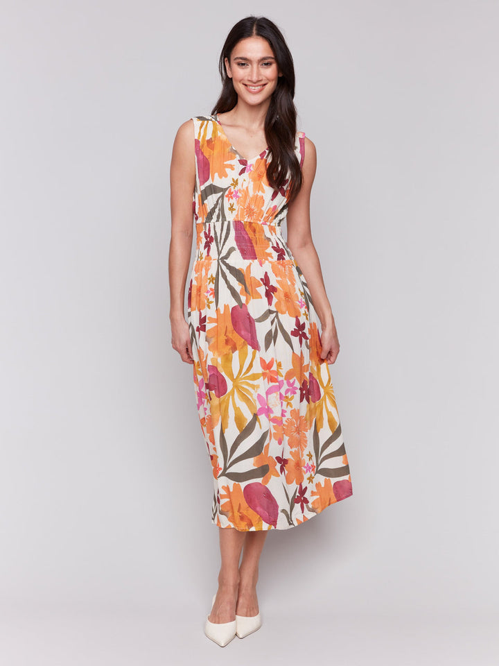 PRINTED SLEEVELESS EMPIRE WAIST DRESS - BOUQUET