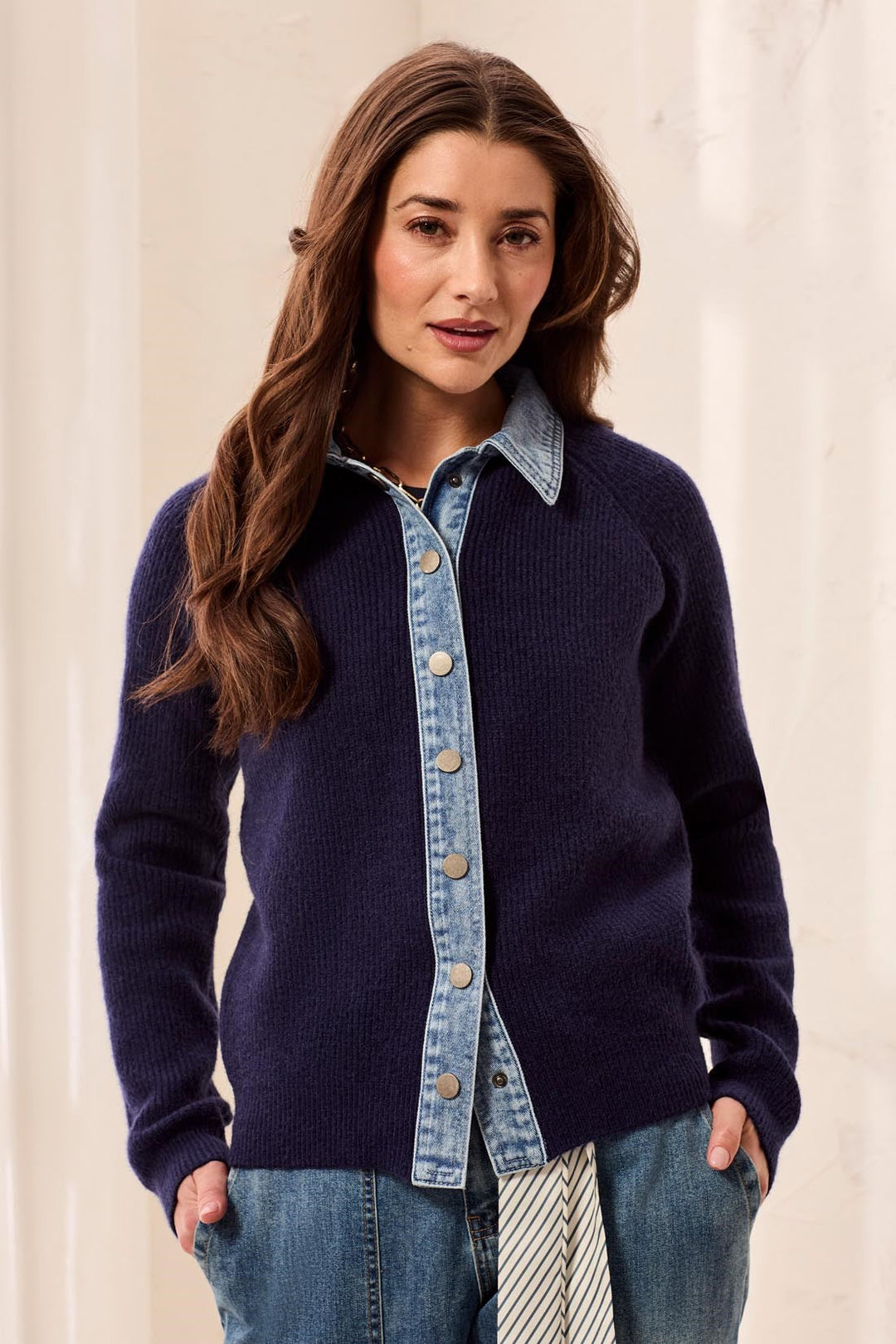 LONG SLEEVE MIXED MEDIA SWEATER JACKET WITH DENIM DETAIL - NIGHTFALL