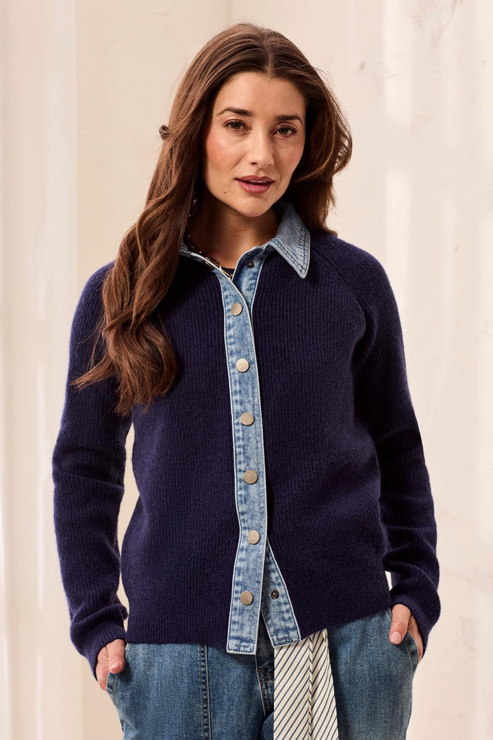 LONG SLEEVE MIXED MEDIA SWEATER JACKET WITH DENIM DETAIL - NIGHTFALL