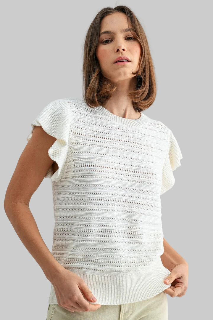 RUFFLE SLEEVE CREW NECK SWEATER - OFF WHITE