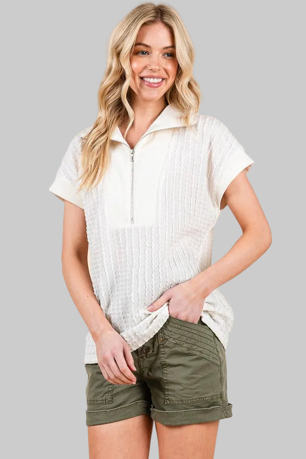 CAP SLEEVE TEXTURED HALF ZIP CONTRAST TOP - OFF WHITE