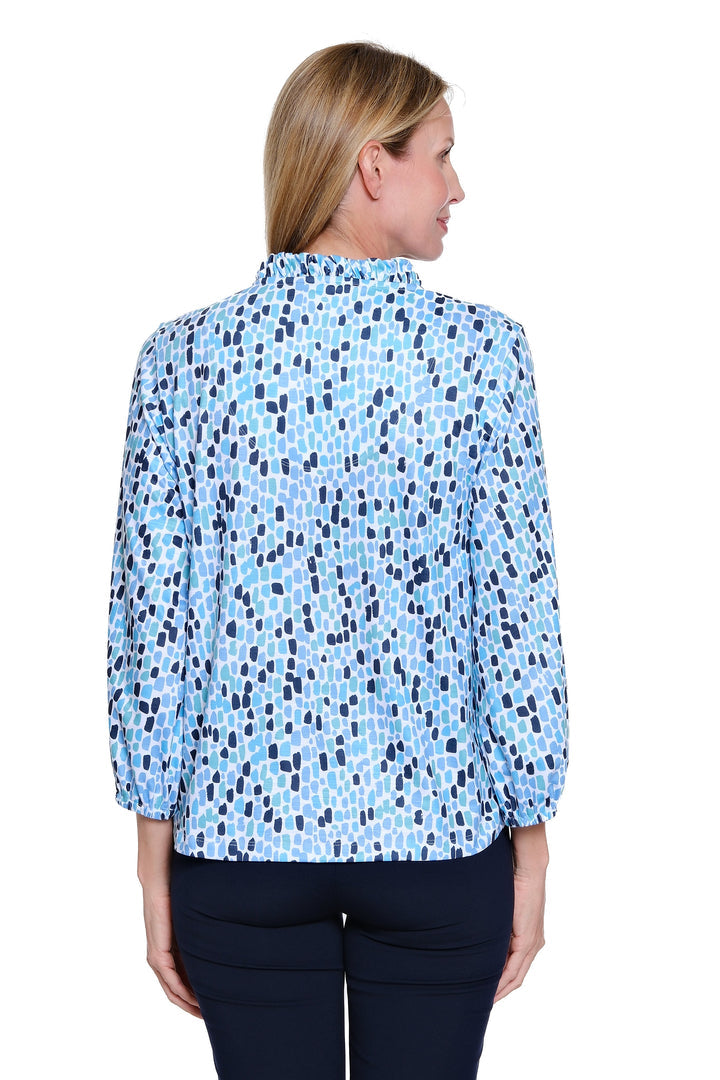 3/4 SLEEVE RUFFLE V-NECK TOP - ABSTRACT STONE MIDNIGHT/FRENCH BLUE