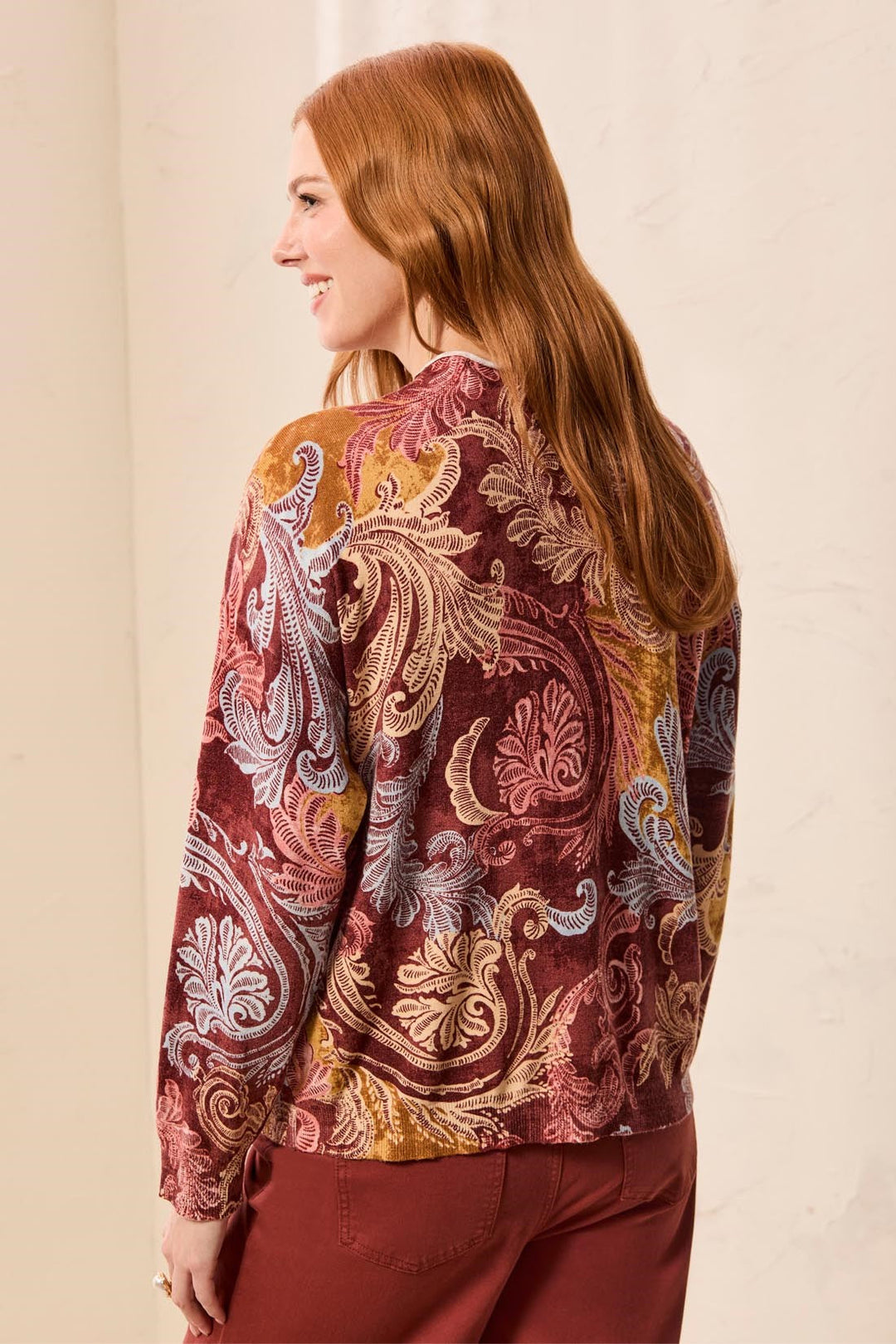 LONG SLEEVE LIGHTWEIGHT PRINTED FUNNEL NECK SWEATER - HENNA