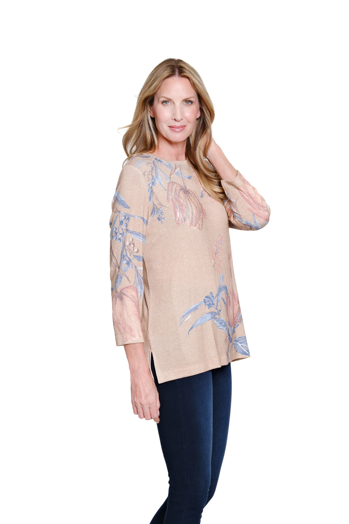 3/4 SLEEVE SCOOP NECK EMBELLISHED TOP - FLORAL OATMEAL