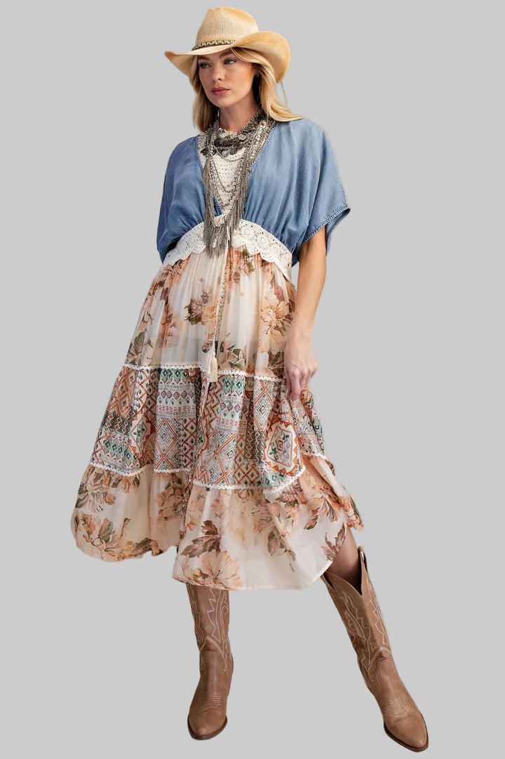 SHORT SLEEVE DENIM/WOVEN MIX OPEN MIDI KIMONO - WASHED DENIM
