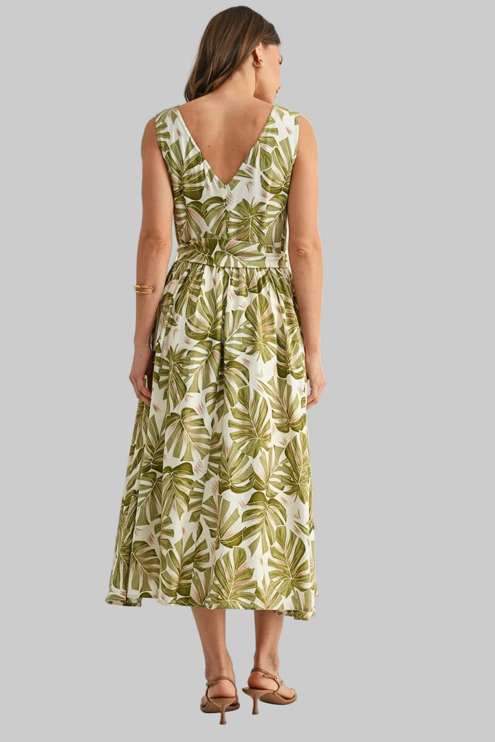 V-NECK LEAF PRINT MAXI DRESS W/BELT - OLIVE