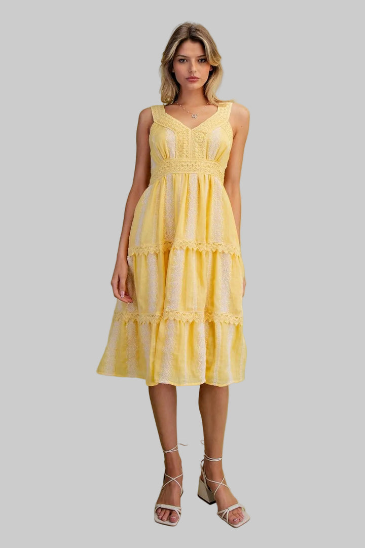 LACE STRAP EMBROIDERY DETAIL TIERED KNEE LENGHT DRESS - YELLOW