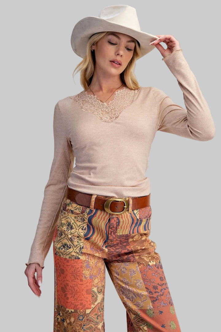 LONG SLEEVE BABY RIB KNIT LACE INSET TOP - LATTE
