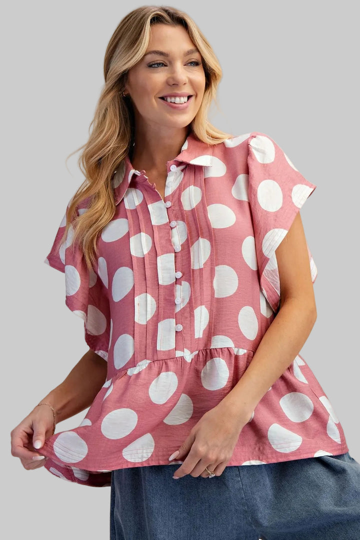RUFFLE SLEEVE BIG DOT BABY DOLL TOP - DUSTY ROSE
