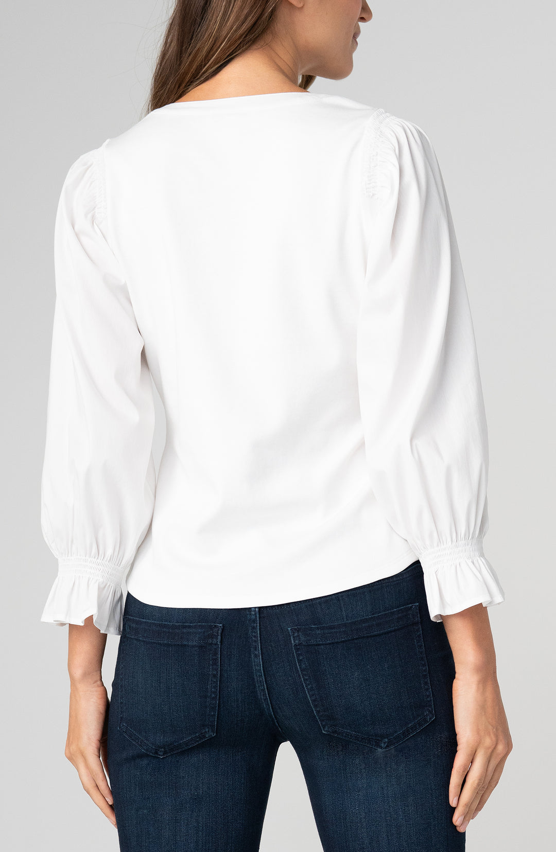 3/4 SLEEVE KNIT-TO-WOVEN TOP W/SMOCKING - WHITE
