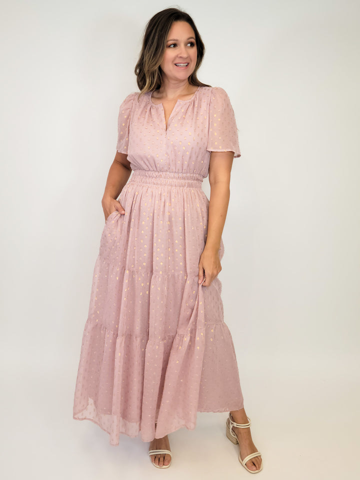 METALLIC DOT TIERED MIDI DRESS - BLUSH