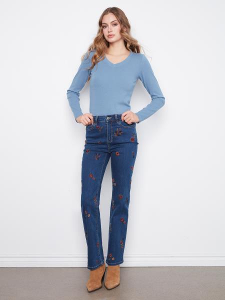 FLORAL EMBROIDERED STRAIGHT LEG DENIM PANTS - INDIGO