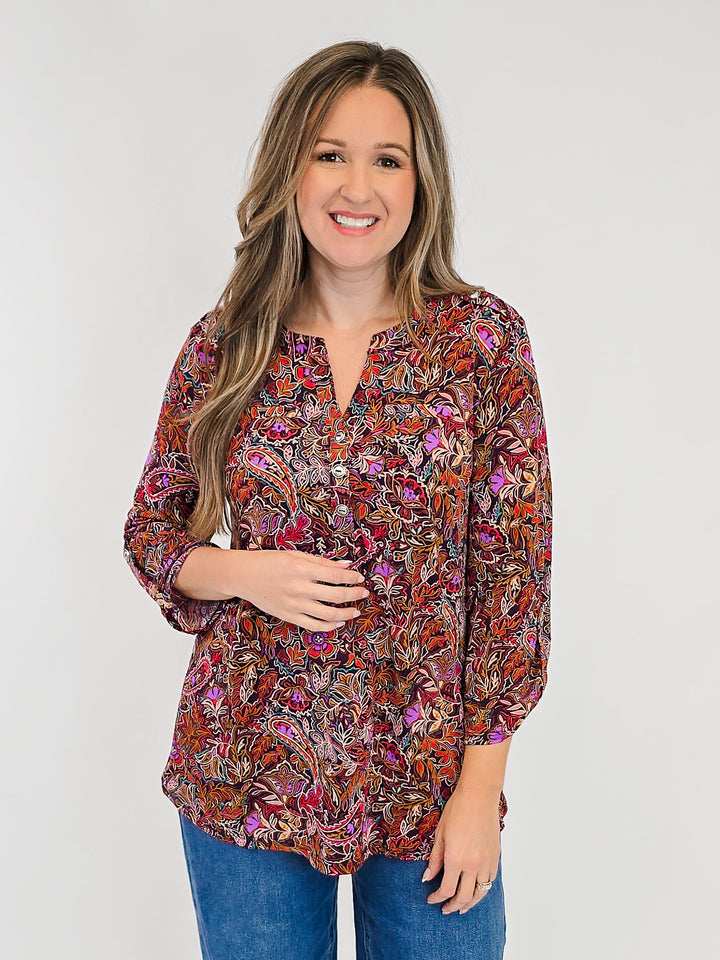 DEAR SCARLETT LIZZY LUXE 3/4 SLEEVE TOP - VIOLET PAISLEY