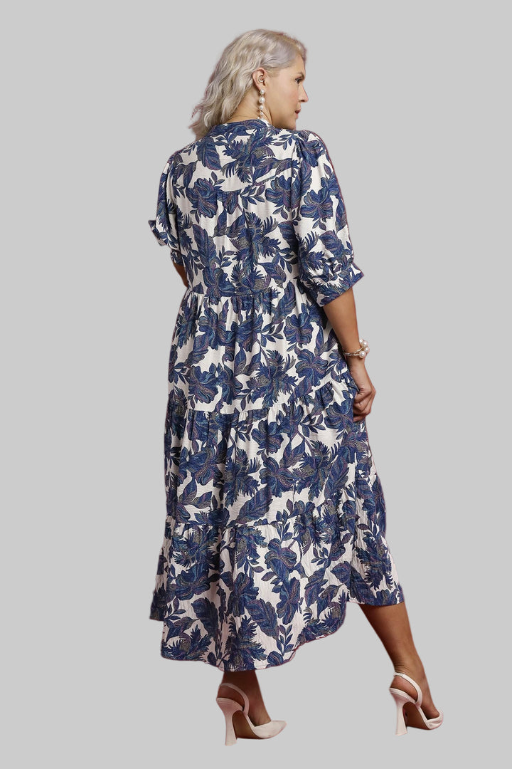 BOHO LEAF PRINT TIERED MIDI DRESS - NAVY MIX
