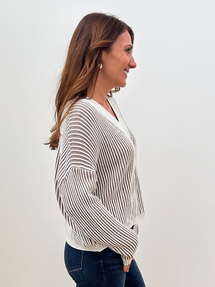L/S STRIPED V-NECK RIBBED SWEATER - TAUPE