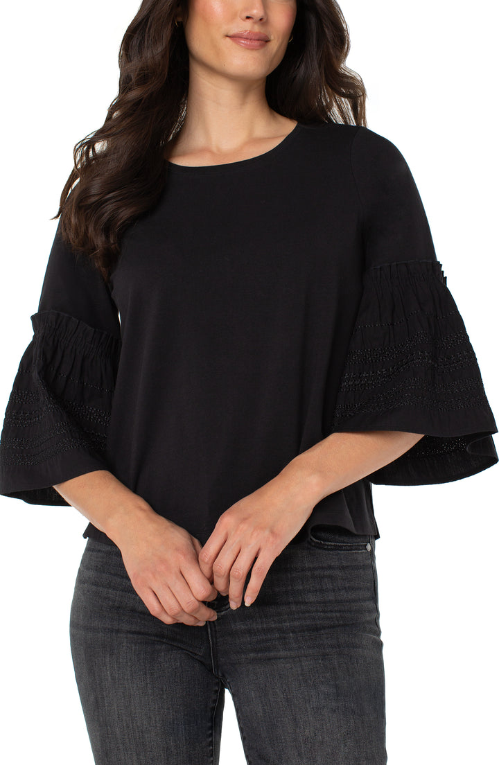 3/4 SLEEVE EMBROIDERED KNIT WOVEN TOP - BLACK