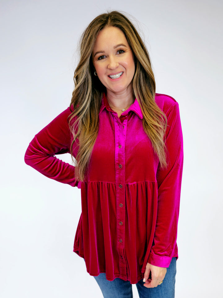 VELVET BUTTON DOWN LONG SLEEVE TUNIC - RASPBERRY