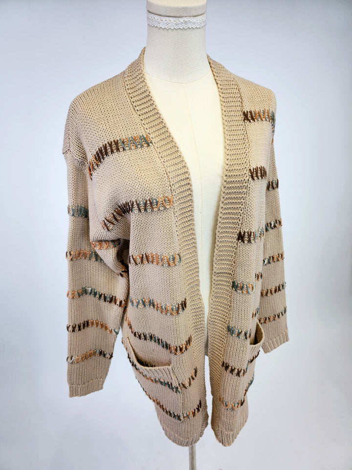 MULTI COLOR STITCH STRIPED OPEN FRONT CARDIGAN - TAUPE