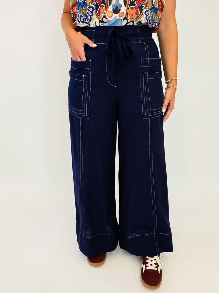 TIE WAIST WIDE LEG LINEN PANTS - DARK NAVY