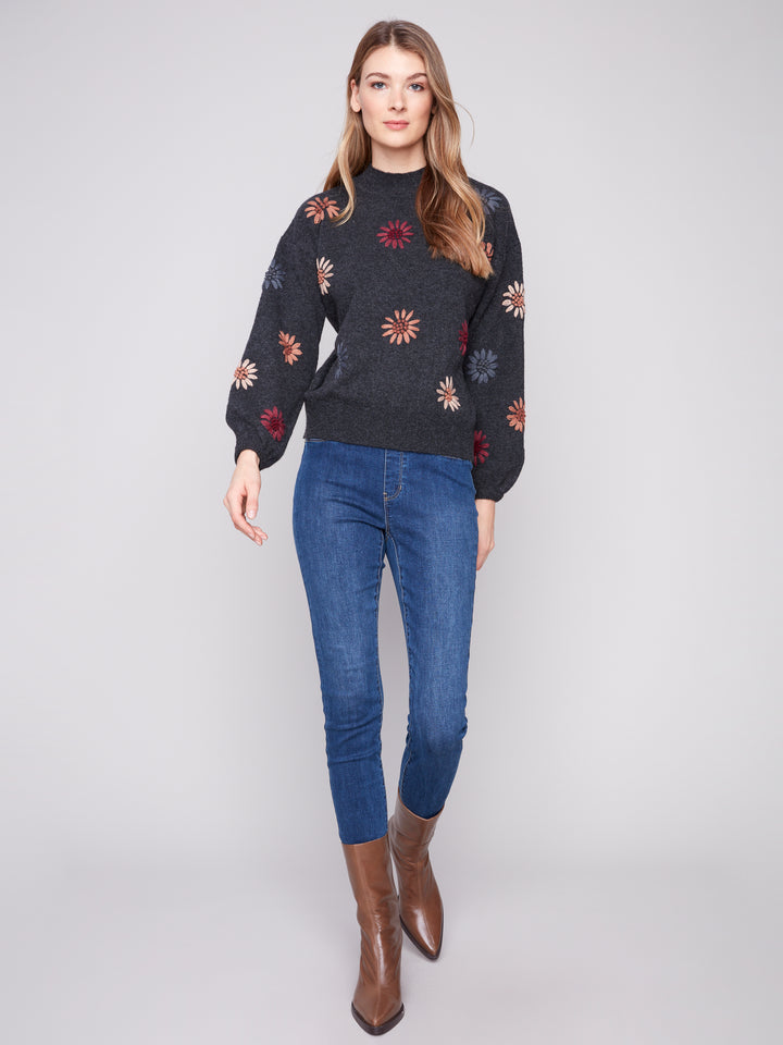 EMBROIDERED MOCK NECK SWEATER - CHARCOAL