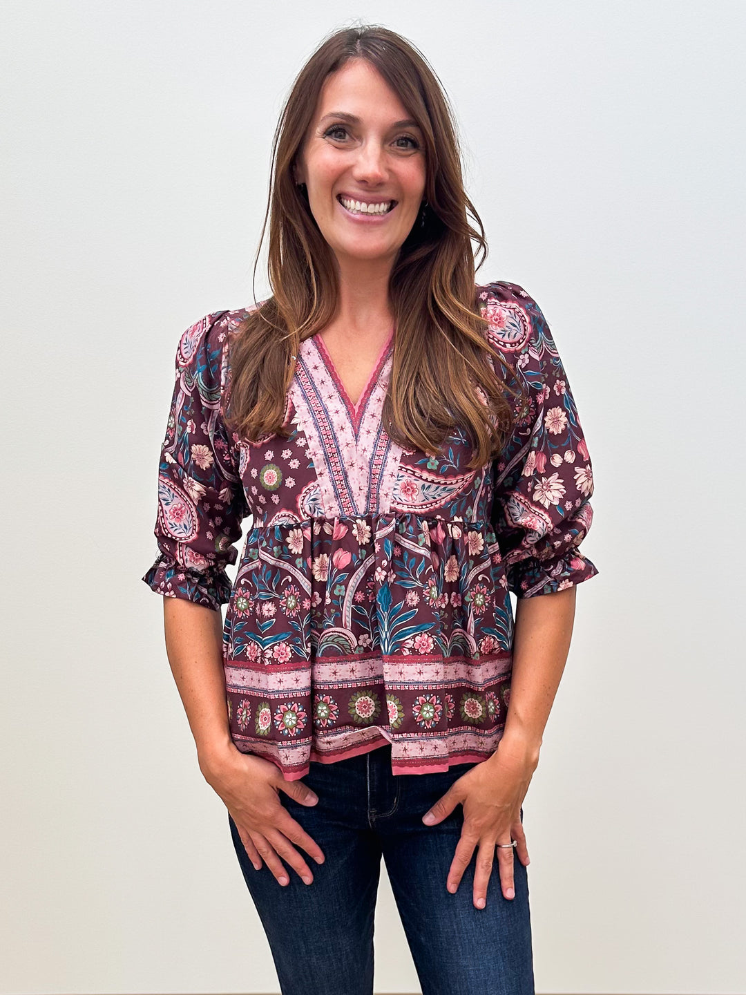 3/4 PUFF SLEEVE BORDER PRINT PEPLUM BLOUSE - EGGPLANT