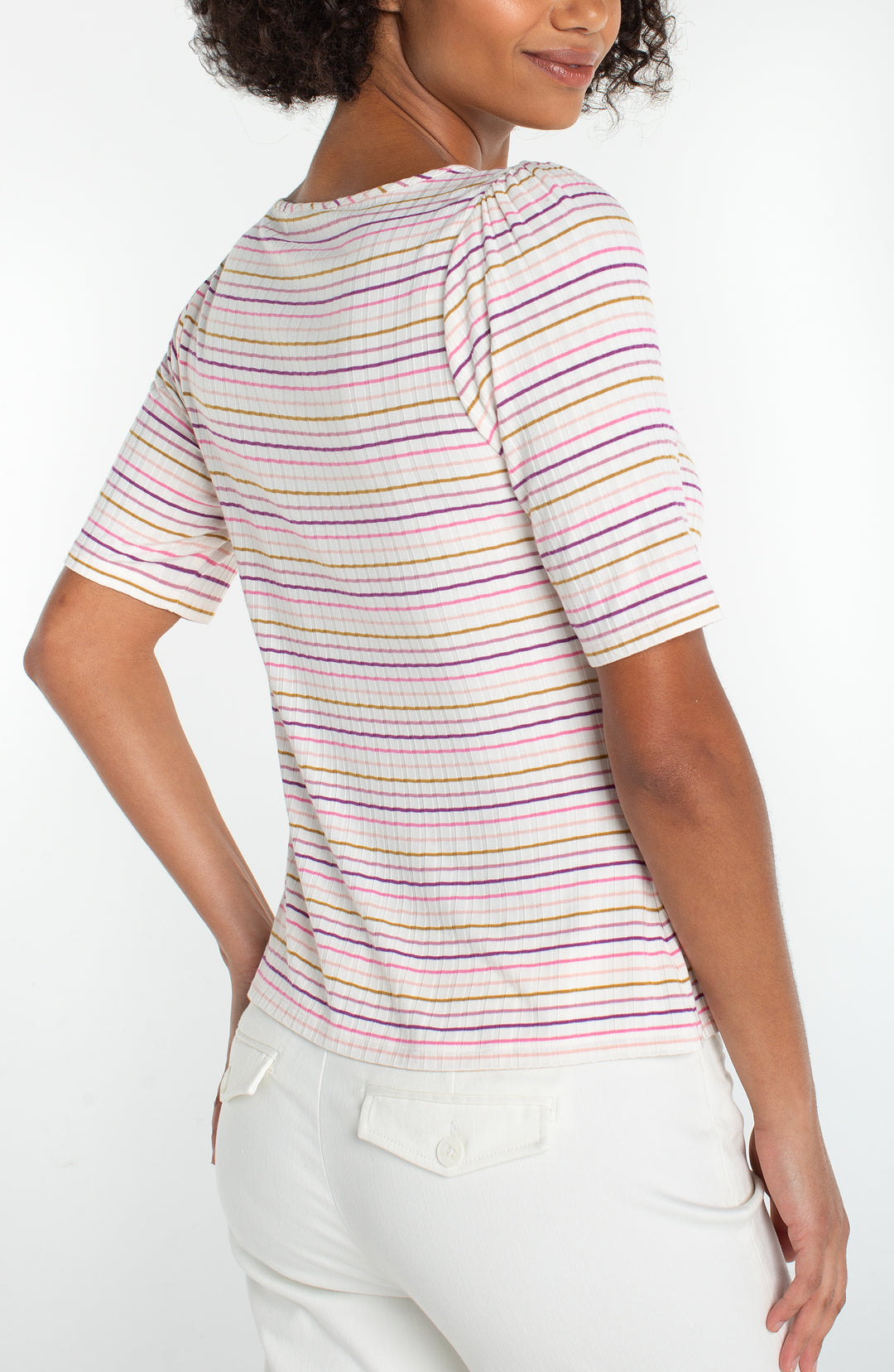 HALF SLEEVE SWEATHEART KNIT TOP - CREAM/PINK STRIPE