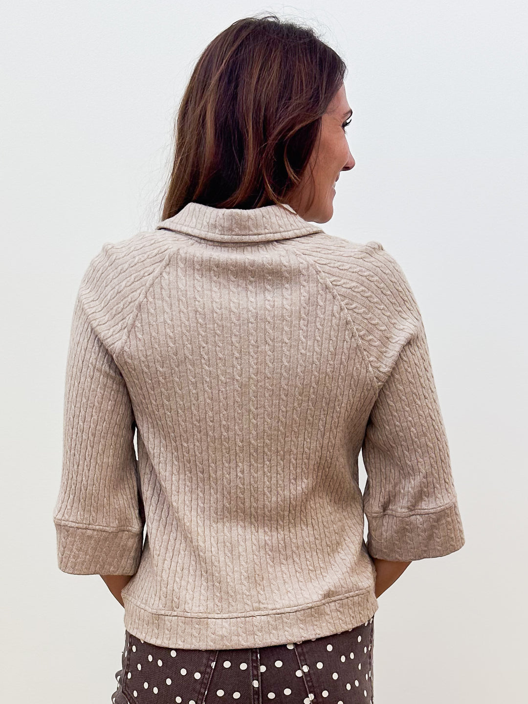 3/4 SLEEVE HALF ZIP SWEATER - TAUPE