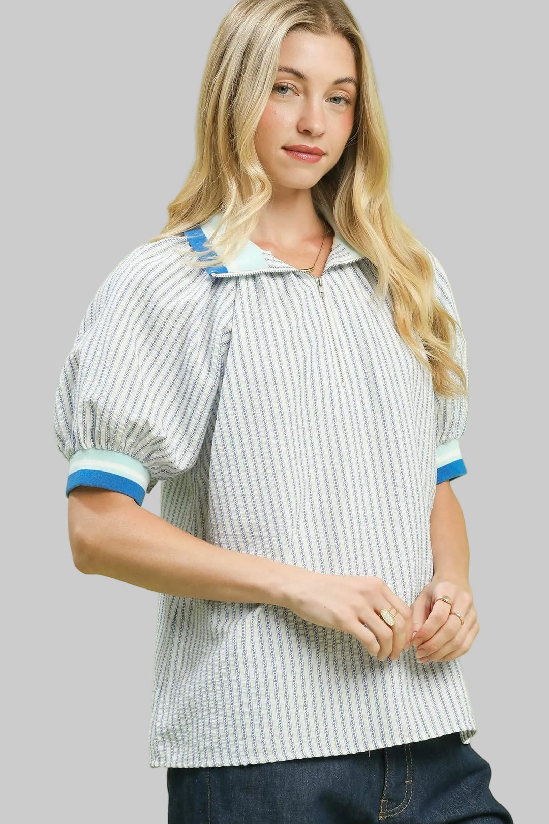 BAND PUFF SHORT SLEEVE HALF ZIP TOP - BLUE