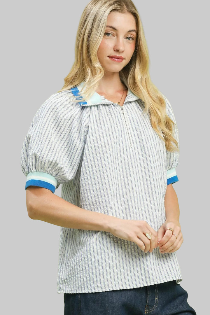 BAND PUFF SHORT SLEEVE HALF ZIP TOP - BLUE
