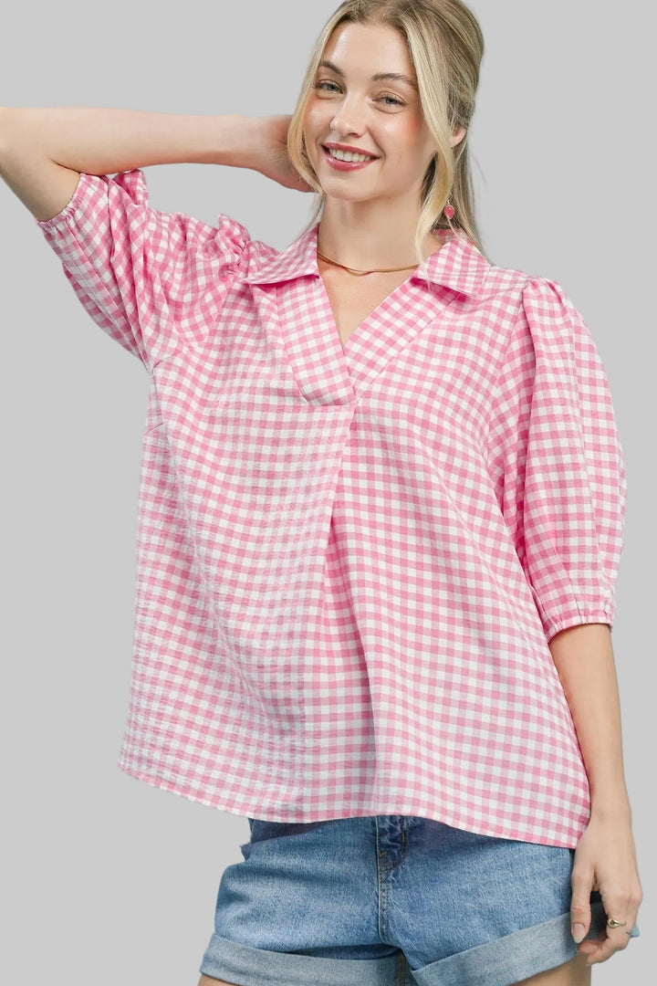 WIDE OPEN COLLAR GINGHAM TOP - PEONY