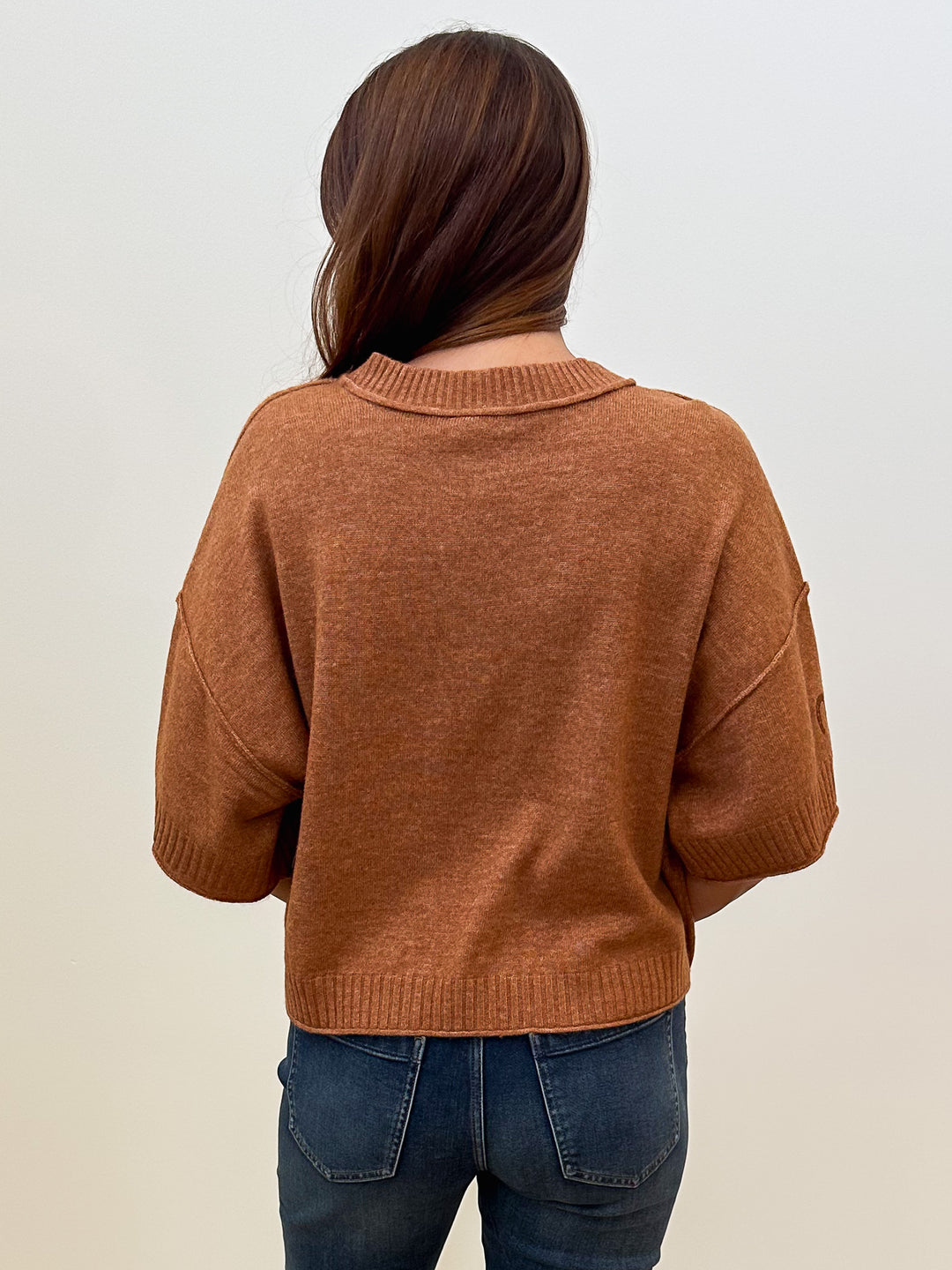 SHORT SLEEVE HORSE SHOE EMBROIDERED SWEATER - CINNAMON