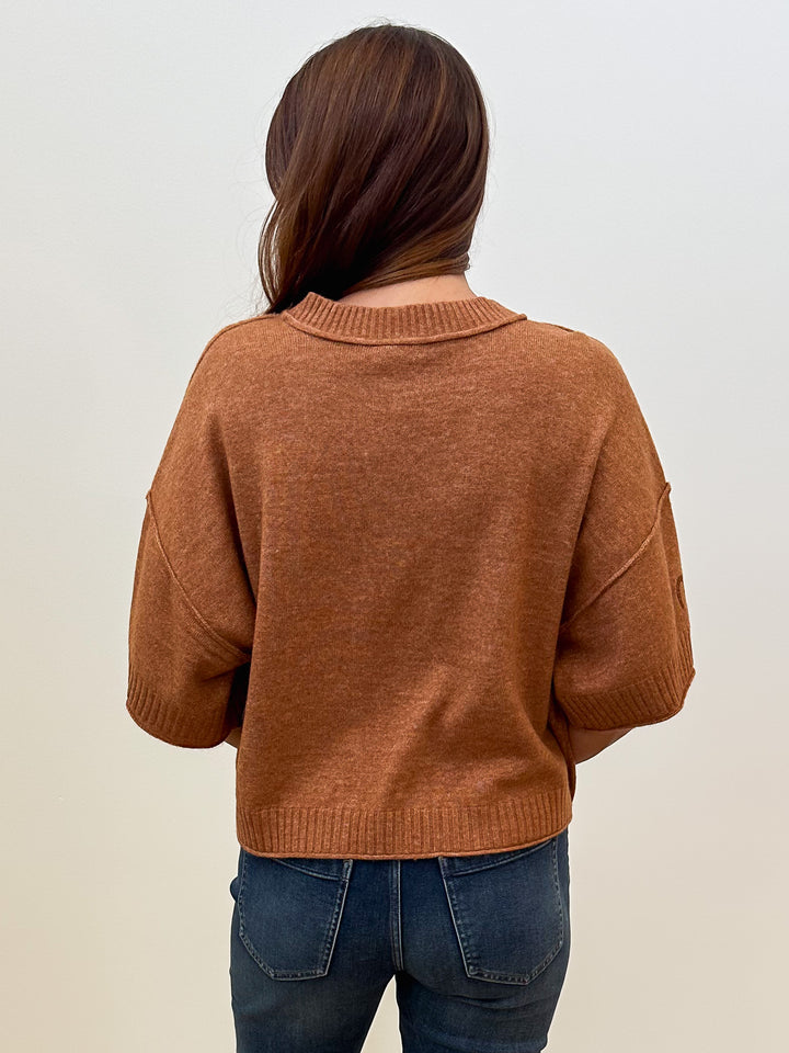 SHORT SLEEVE HORSE SHOE EMBROIDERED SWEATER - CINNAMON