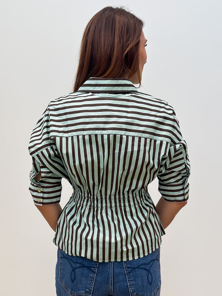 3/4 SLEEVE STRIPED BUTTON UP TOP - MINT BROWN