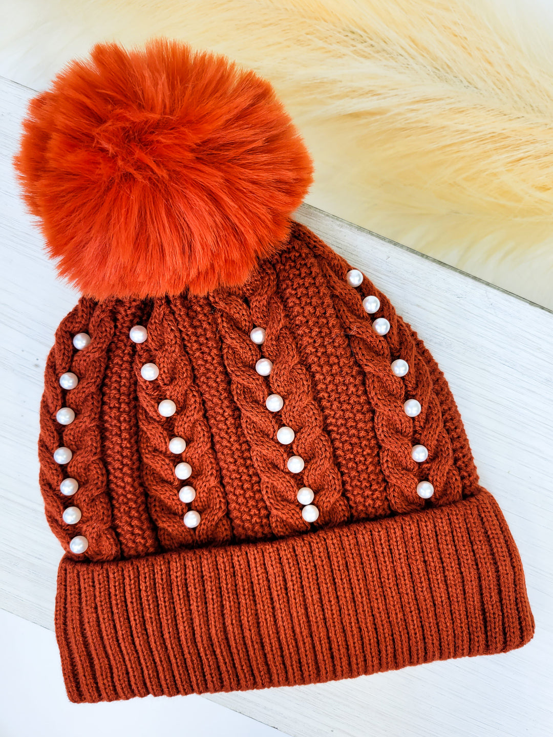 FUR LINING CABLE KNIT HAT W/PEARLS - BURNT ORANGE
