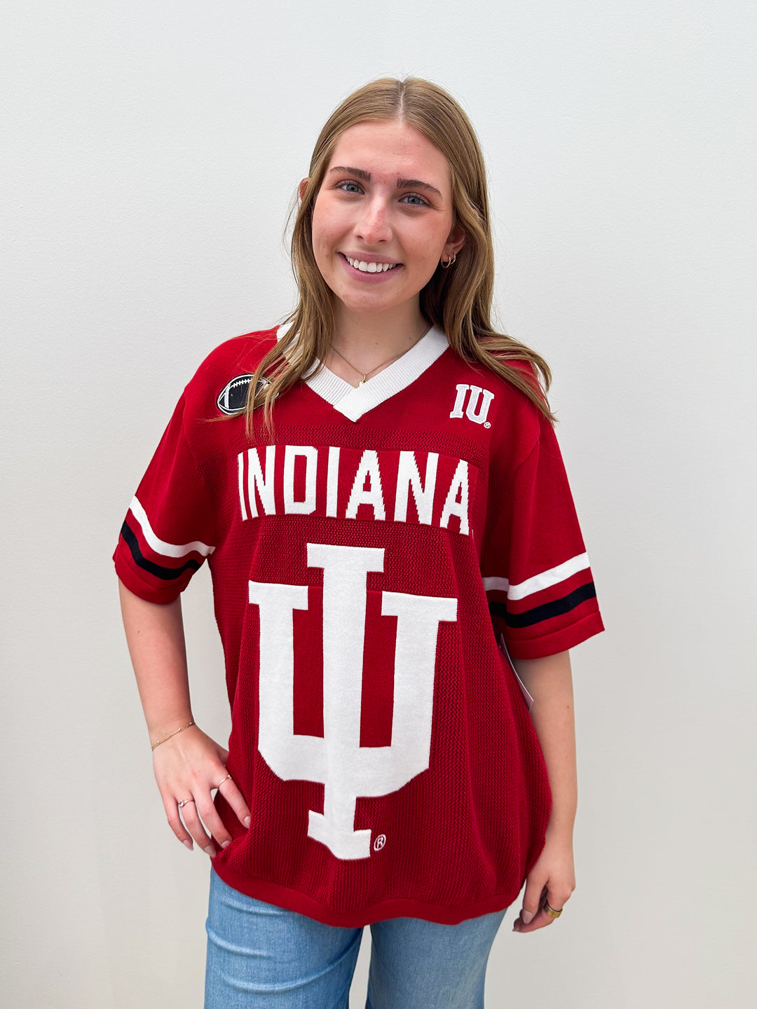 IU V-NECK SIDELINES JERSEY SWEATER - CRIMSON