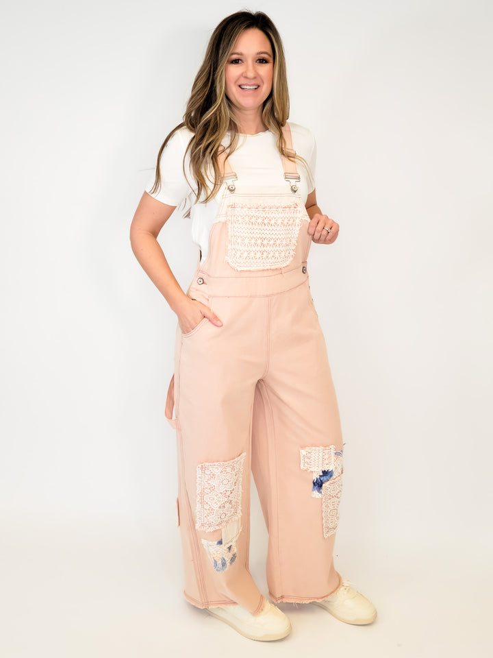 DENIM OVERALLS WITH CROCHET PATCHES - PINK