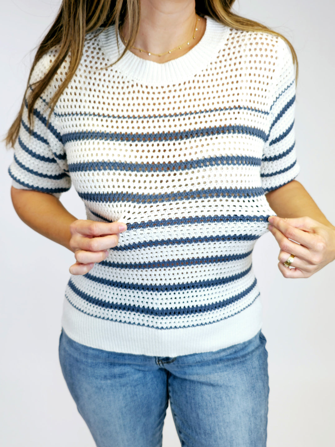 SHORT SLEEVE CROCHET KNIT STRIPED SWEATER - BLUE